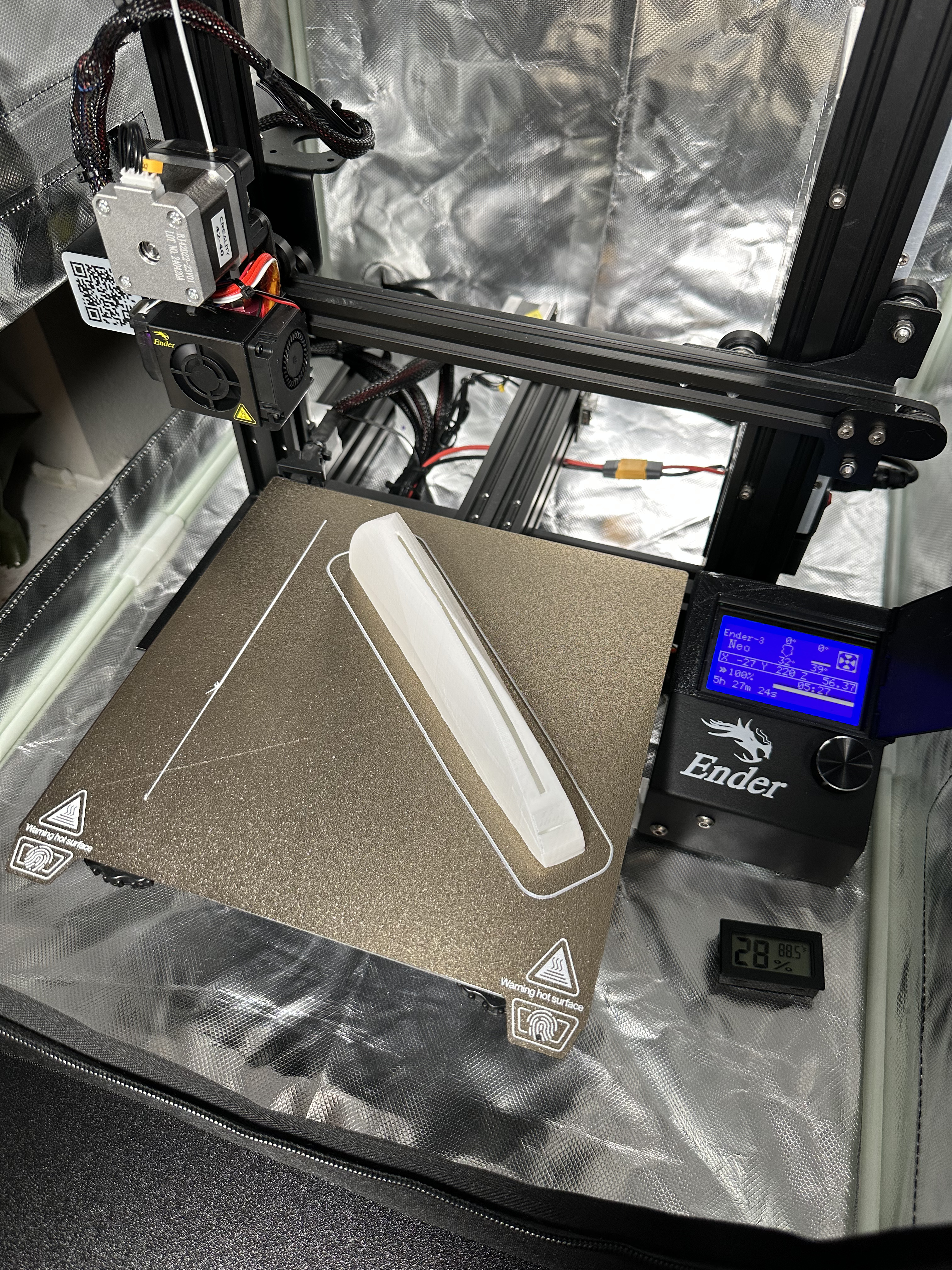 PLA storage box prototype on printer bed